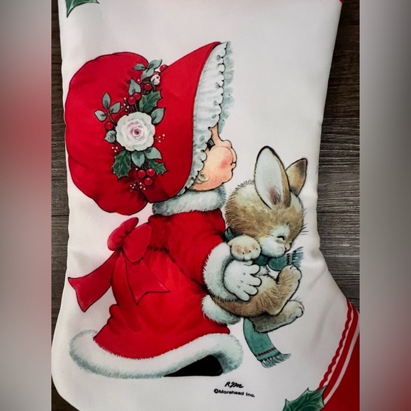 VTG Ruth Morehead‎ Christmas Stocking Little Girl & Bunny Holly Babies 17" Rare - Picture 3 of 5